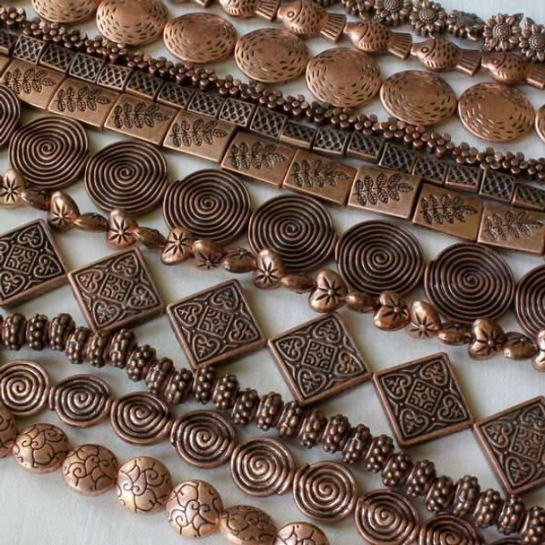 A Bulk Mix of 50 assorted 8 inch strands of Vintage Copper Colored Pewter Beads