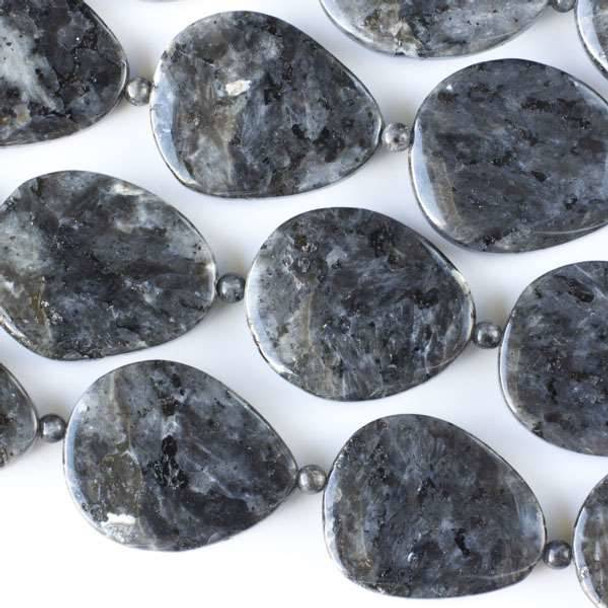 Black Labradorite/Larvikite 23x28-30x35mm Slabs alternating with 4mm Rounds - approx. 8 inch strand
