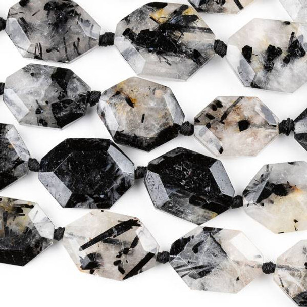 Black Rutilated Quartz 25x37mm Faceted Hexagon Beads - 16 inch strand