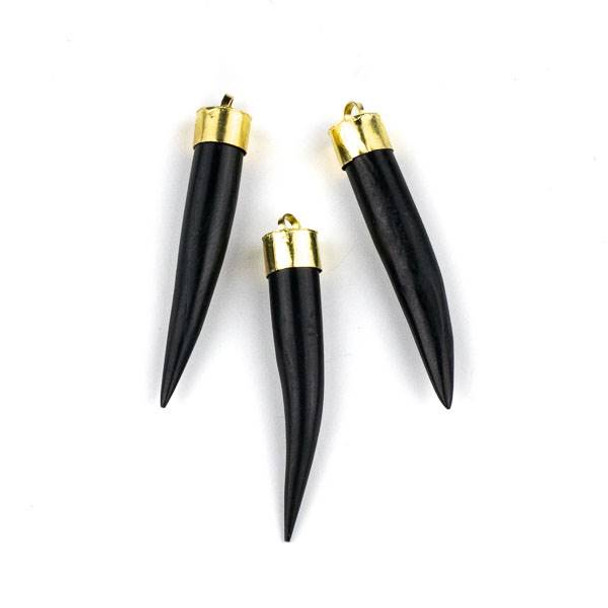 Bone 9x58mm Black Horn Shaped Pendant with Gold Plated Brass Cap - 1 per bag