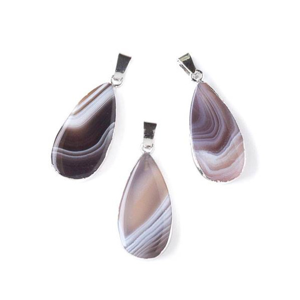 Botswana Agate 15x40mm Teardrop Pendant with Silver Edging and Bail - 1 per bag
