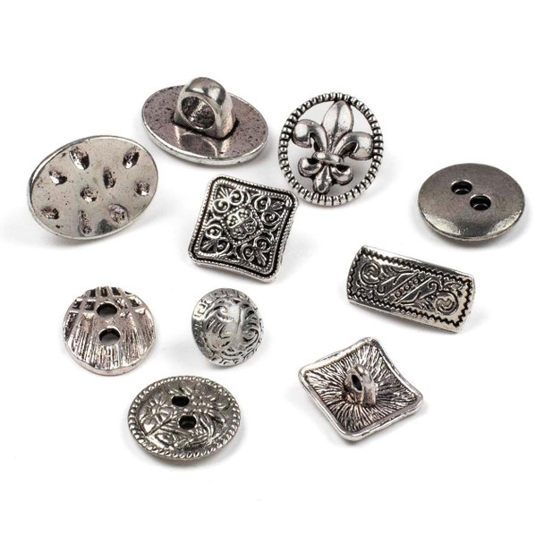 Cherry Tree Beads A Bulk Mix of 10 Assorted Silver Pewter Buttons 