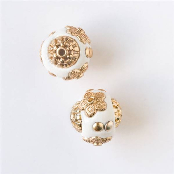 14mm White and Gold Handmade Bead with Bead Caps - 2 per bag