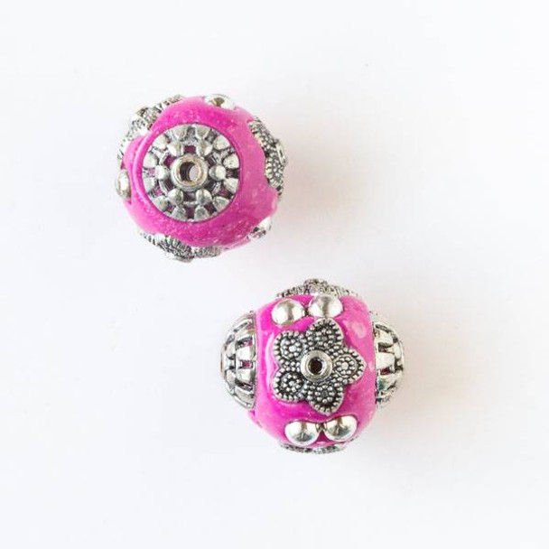 14mm Pink and Silver Handmade Bead with Bead Caps - 2 per bag