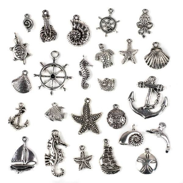 An Assorted Mix of 25 Silver Ocean and Sea Life Themed Charms