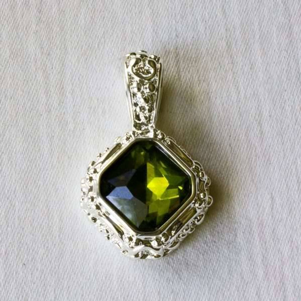 Glass Crystal 20x32mm Peridot Diamond Pendant with a Silver Base Metal Bail