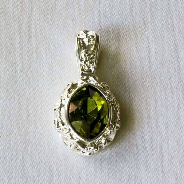 Glass Crystal 17x32mm Peridot Marquis Pendant with a Silver Base Metal Bail