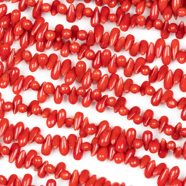 Red Bamboo Coral 3x7mm Side/Top Drilled Rounded Teardrop Beads - 16 inch strand