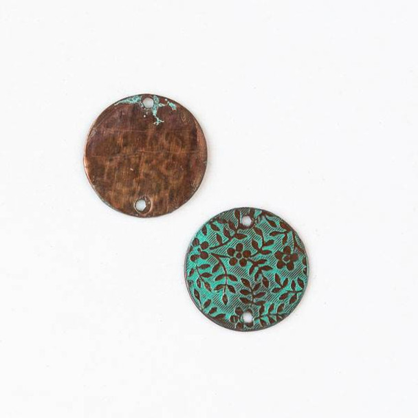 Copper Component 20mm Green Patina Coin Link with Stamped Flower and Vine Pattern