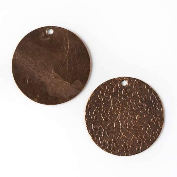 Cherry Tree Beads Copper Component 25mm Coin Drop with Stamped Flower and Vine Pattern - 1 piece 