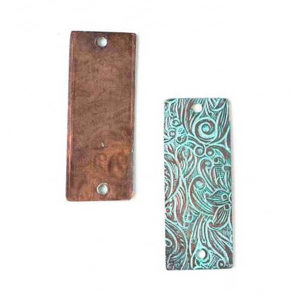 Copper Component - 13x32mm Green Patina Rectangle Link with Stamped Flower Pattern