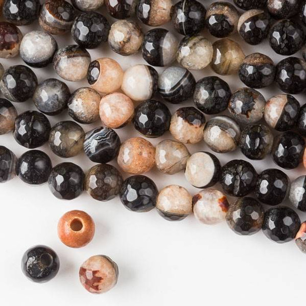 Large Hole Cracked Agate 8mm Faceted Rounds in a Peach and Black Mix with a 2.5mm large hole - approx. 8 inch strand