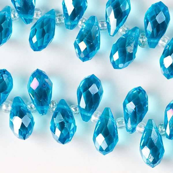 Crystal 6x12mm Caribbean Blue Top Drilled Briolettes with an AB finish - 12 inch strand