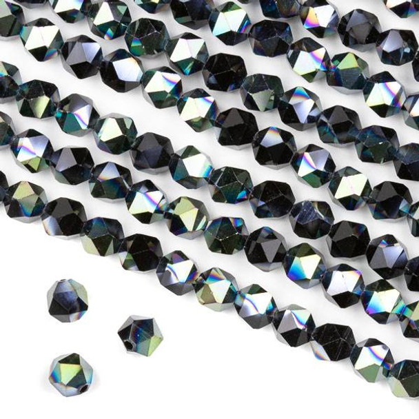 Crystal 6mm Star Cut Beads -  Opaque Green Rainbow Kissed Jet Black - 15.5 inch strand