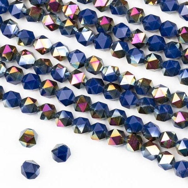 Crystal 6mm Star Cut Beads -  Opaque Hot Pink Golden Copper Kissed Deep Lake Blue - 15.5 inch strand