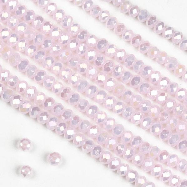 Crystal 2x2mm Opaque Baby Pink Rondelle Beads with an AB finish - Approx. 15.5 inch strand