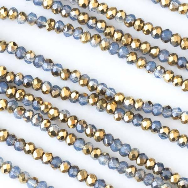 Crystal 2x2mm Opaque Golden Age Blue Grey with Gold Faceted Rondelle Beads - Approx. 15.5 inch strand