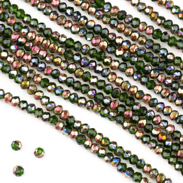 Crystal 2x2mm Hot Pink Golden Copper Kissed Emerald Green Faceted Rondelle Beads with a Hot Pink AB finish - Approx. 15.5 inch strand