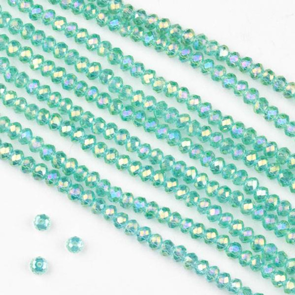 Crystal 2x2mm Teal Green Faceted Rondelle Beads with an AB finish - Approx. 15.5 inch strand