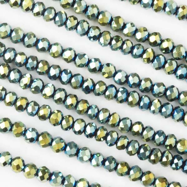 Crystal 2x3mm Opaque Golden Green Rainbow Faceted Rondelle Beads - Approx. 15.5 inch strand