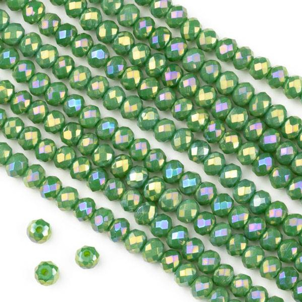 Crystal 3x4mm Opaque Ivy Green Faceted Rondelle Beads with a Golden AB finish - Approx. 15.5 inch strand