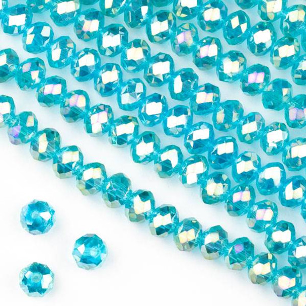 Crystal 4x6mm Teal Blue Faceted Rondelle Beads with an AB finish - Approx. 15.5 inch strand