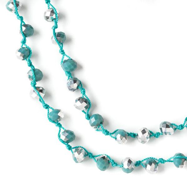 36 inch Hand Knotted Opaque Silver Kissed Green Turquoise 6x8mm Crystal Rondelle Necklace with Turquoise Nylon Cord