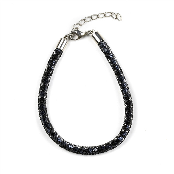 Jet Black Crystal with Black Mesh Single Strand Bracelet