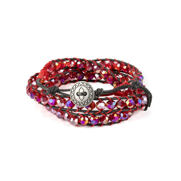Light Siam Red Crystal AB 6mm Round Beads and Black Leather Wrap Bracelet