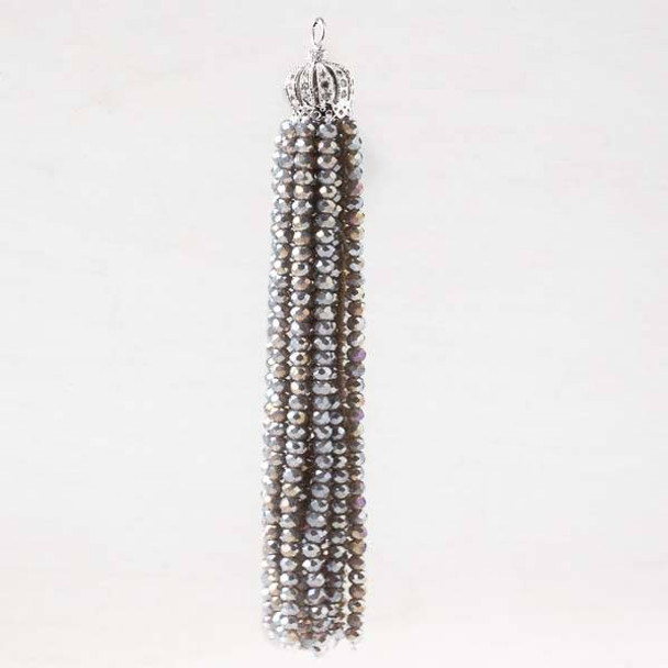 Milky Grey AB 3.5 inch Crystal Tassel with Silver Pave Cap