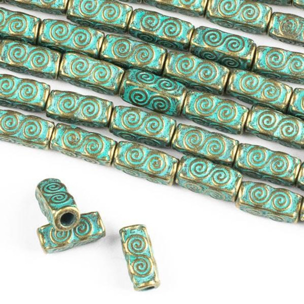Cherry Tree Beads Green Bronze Colored "Pewter" (zinc-based alloy) 5x10mm Squared Tube Beads with Spirals and a 2mm Large Hole - approx. 8 inch strand - CTB00044gb 