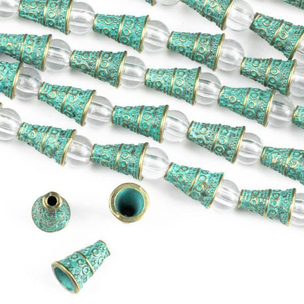 Cherry Tree Beads Green Bronze Colored "Pewter" (zinc-based alloy) 7x10mm Cone Bead Caps with Circles - approx. 8 inch strand - CTB00806gb 