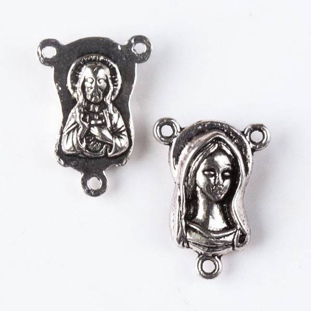 Silver Pewter 14x20mm Double Sided Mary and Jesus Rosary Part with 3 Loops - 10 per bag
