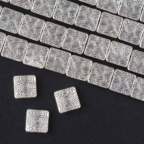Cherry Tree Beads Silver "Pewter" (zinc-based alloy) 10mm Concave Puff Square Beads with a Spiral Pattern - approx. 8 inch strand - CTB09501s 