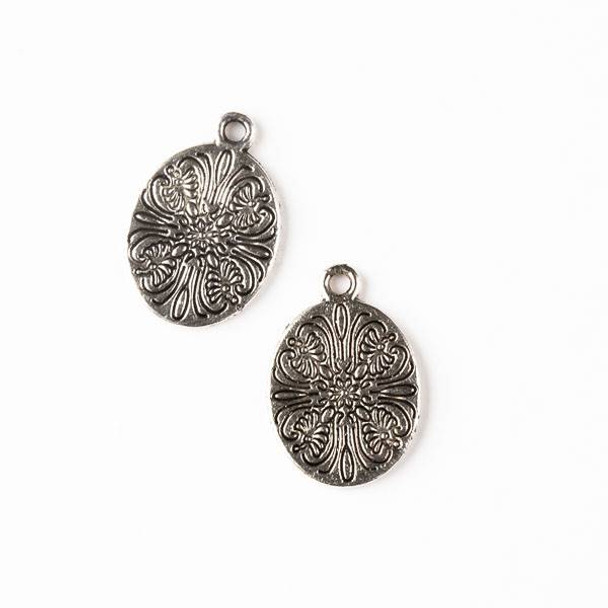 Silver Pewter 14x20mm Double Sided Oval Charm with Flower Print - 10 per bag