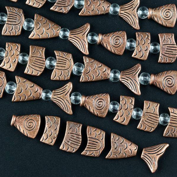 Vintage Copper Colored Pewter 17x72mm Greek Style Worry Fish Beads - approx. 8 inch strand - CTB13083vc