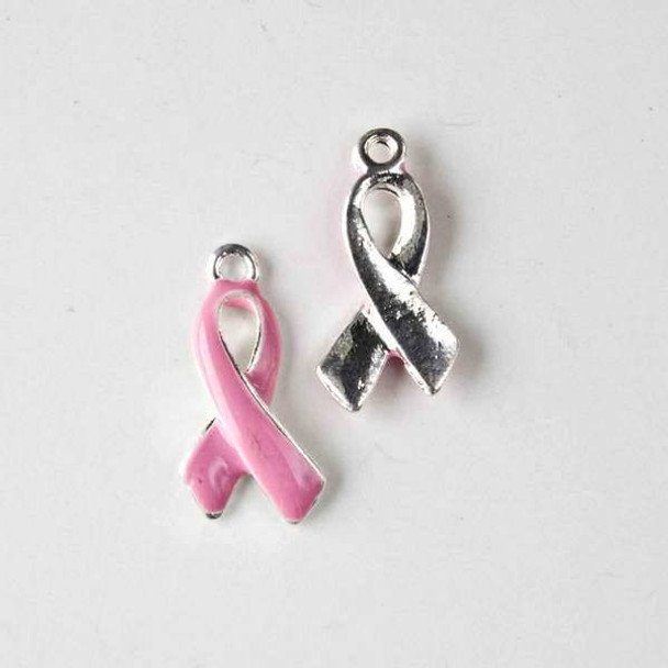 Silver Pewter 11x21mm Pink Enameled Ribbon Charm with a Smooth Back - 10 per bag