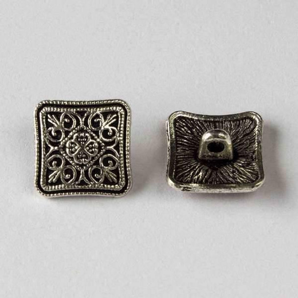 Cherry Tree Beads Silver Pewter 13mm Square Buttons with a Victorian Flower Design - 10 per bag 