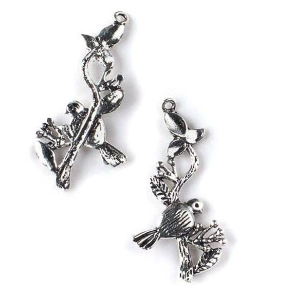 Silver Pewter 16x30mm Bird on a Branch Link with 2 Loops - 4 per bag - CTB164-1-1s