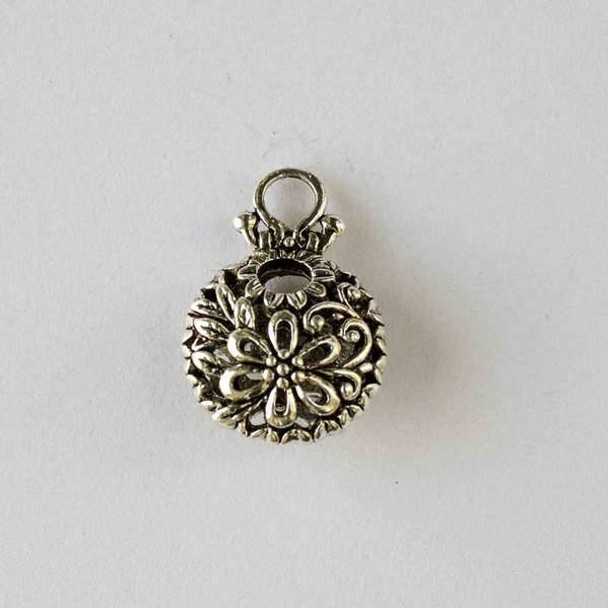 Silver Pewter 16x23mm Hollow Puff Coin Pendant with Flower and Leaves - 2 per bag