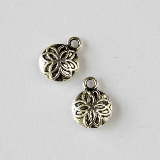 Silver Pewter 10mm Puff Coin with Flower Pattern Charm - 10 per bag