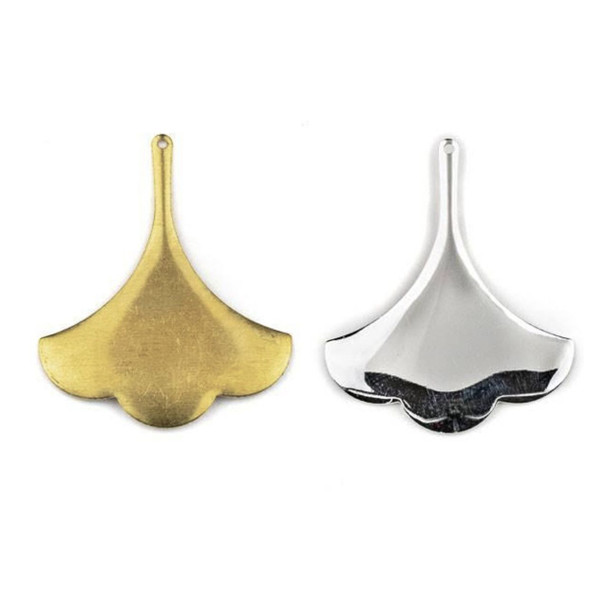Brass 31x47mm ginkgo leaf jewelry components in raw brass, silver plated, and coated silver plated finishes – 6 botanical-style pieces per bag