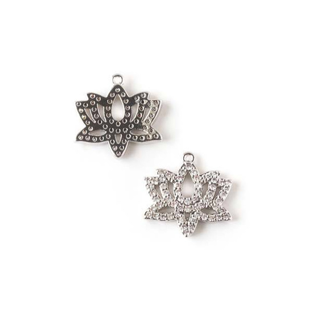 Silver Plated Brass Pave 15mm Lotus Flower Drop with Cubic Zirconias -  1 per bag