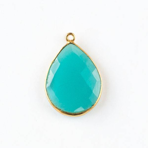 Dark Aqua Chalcedony approximately 19x28mm Faceted Teardrop Drop with a Gold Plated Brass Bezel