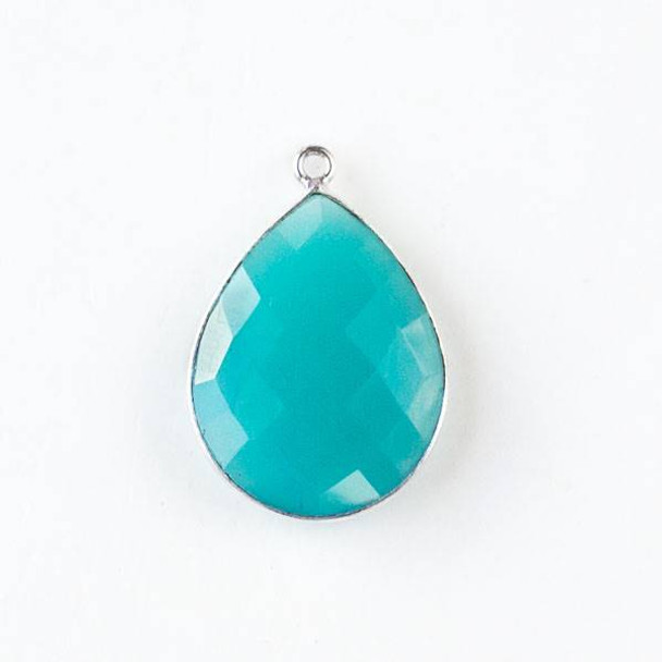 Dark Aqua Chalcedony approximately 19x28mm Faceted Teardrop Drop with a Silver Plated Brass Bezel