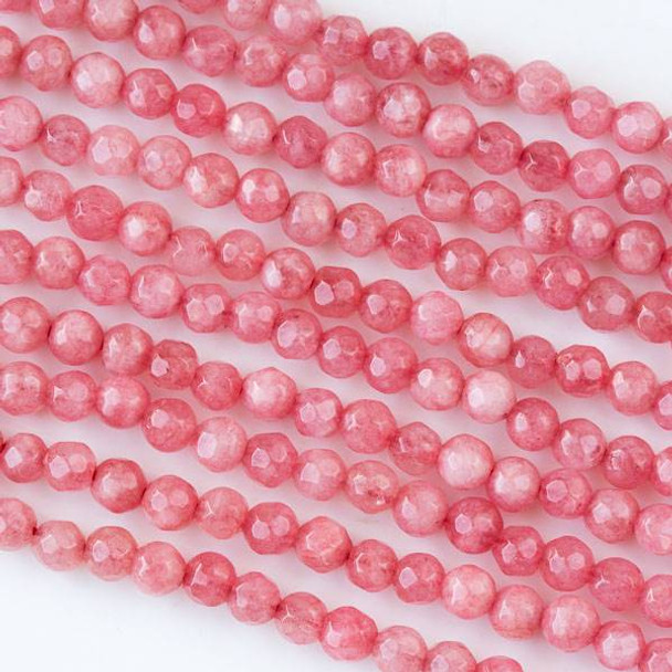 Dyed Jade 4mm Coral Pink Faceted Round Beads - 16 inch strand