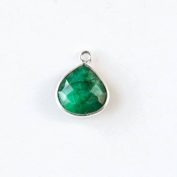 Emerald approximately 13x17mm Faceted Small Almond Teardrop Drop with Silver Plated Brass Bezel