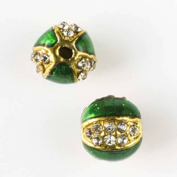 10mm Green and Gold Enamel Pumpkin Pave Bead with Clear Crystals