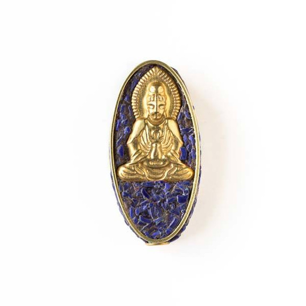 Tibetan 15x30mm Brass Oval Bead with Sitting Buddha and Lapis Inlay