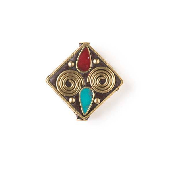 Tibetan 26x28mm Brass Diamond Bead with Swirls, Red Coral and Turquoise Howlite Teardrop Inlay